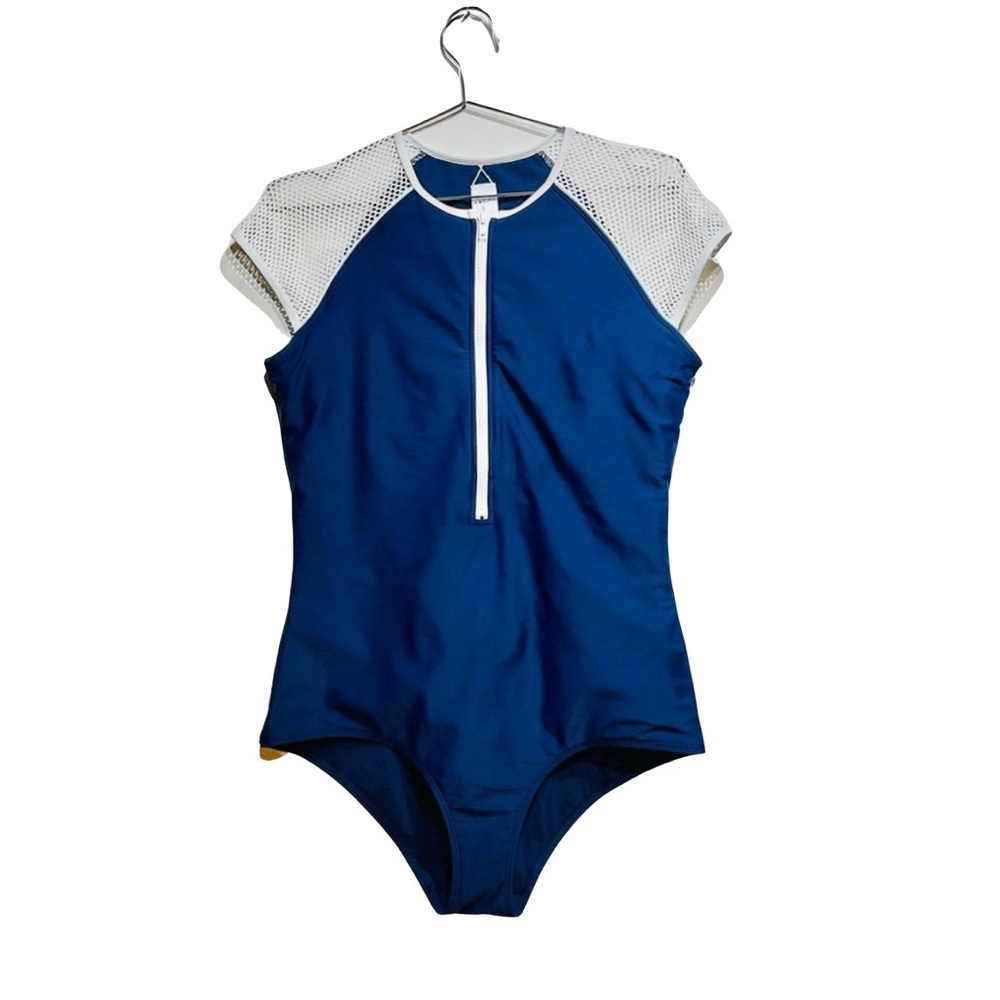 Sia Navy and White Front Zipper, Short Mesh Sleeve Swimsuit Size 12 -One Piece